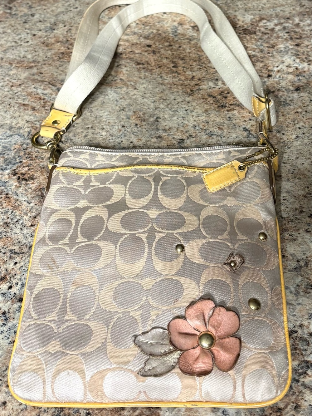 Coach Beige Signature Crossbody with Pink Flower and Yellow Trim